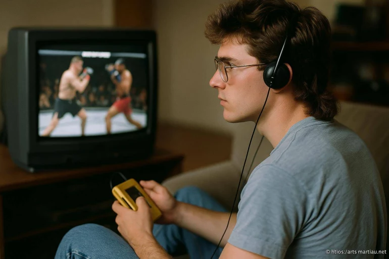Jeune homme regardant un combat de boxe à la télévision