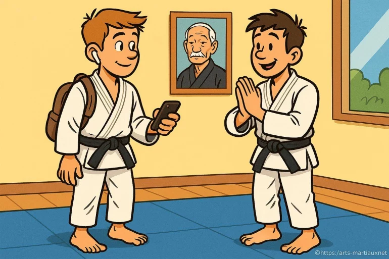 Deux jeunes en kimono noir ceinture dojo