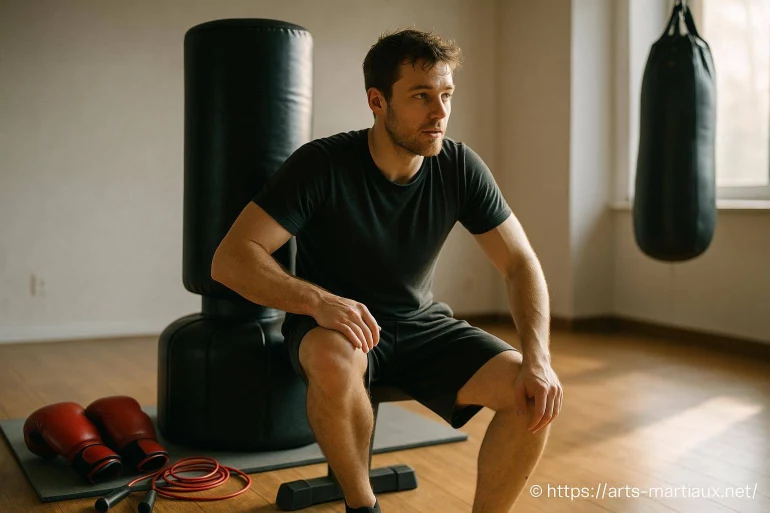 Homme assis en pause dans salle de boxe