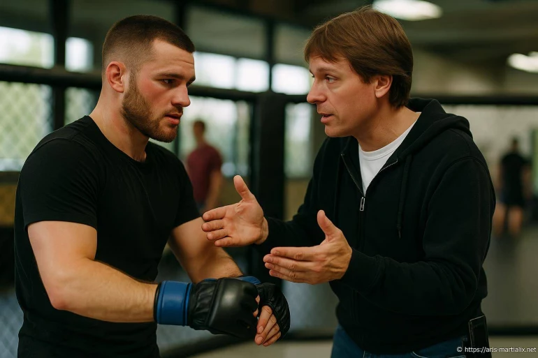 Coach expliquant techniques à un boxeur