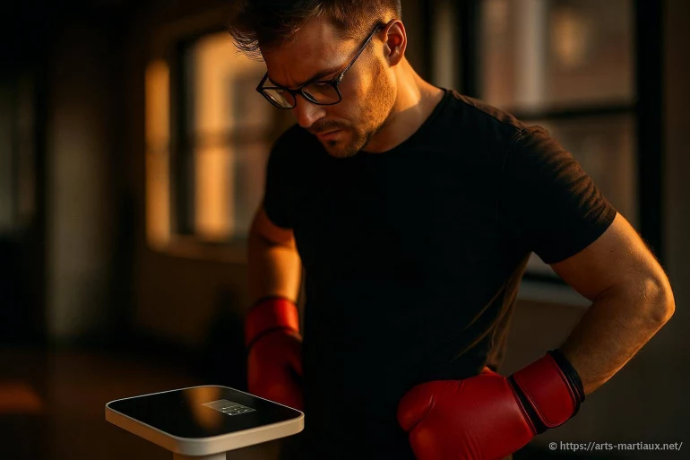Homme avec gants de boxe regardant une balance
