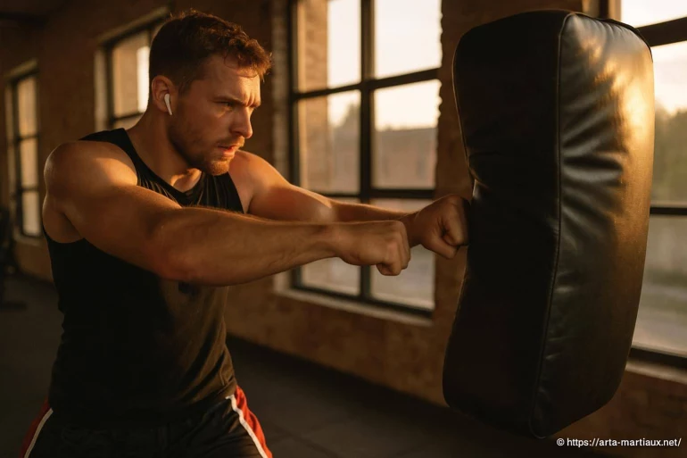Homme frappant un sac de boxe en salle