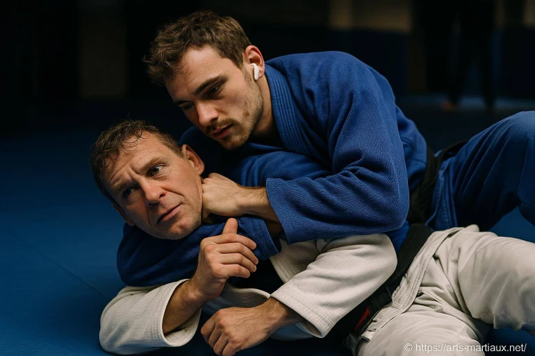 Deux hommes pratiquant le judo au sol