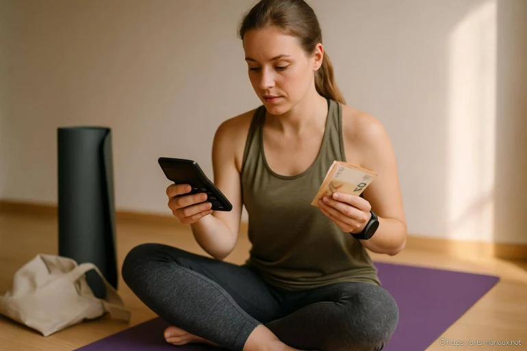 Femme calculant argent sur tapis de yoga