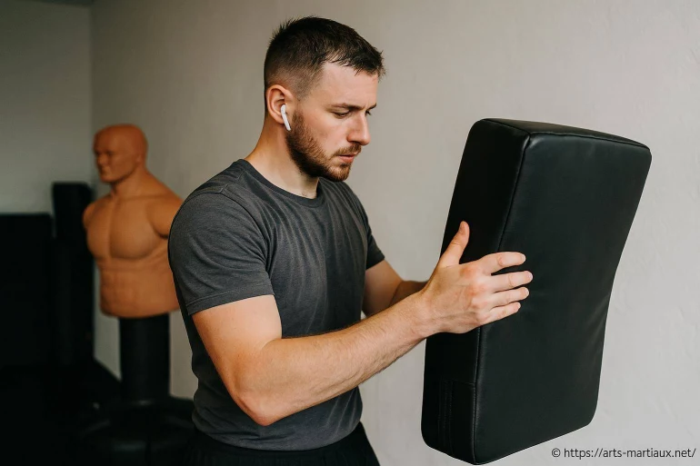 Homme entraînement arts martiaux avec bouclier