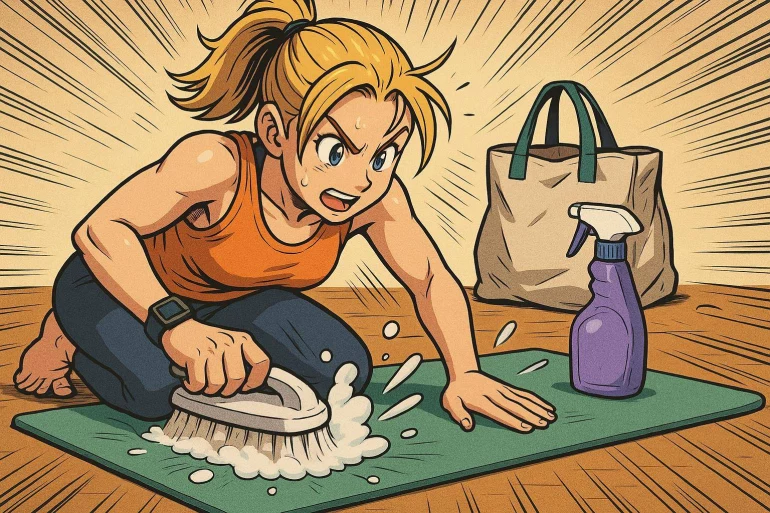 Femme qui nettoie un tapis avec énergie