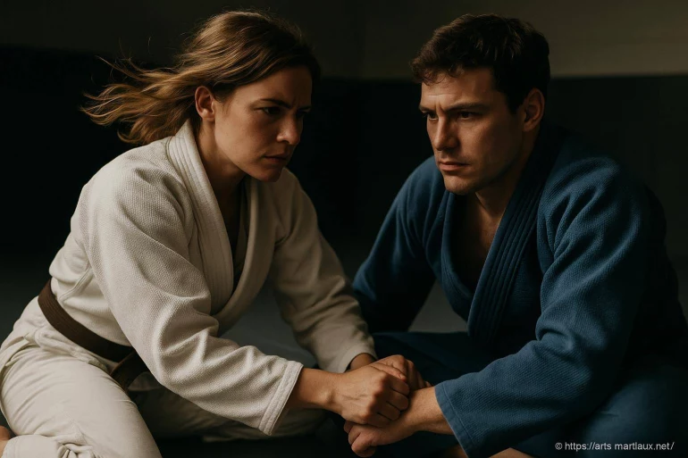 Deux judokas concentrés en tenue traditionnelle