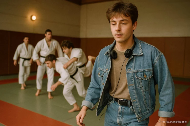 Jeune homme en jean avec judokas en arrière plan