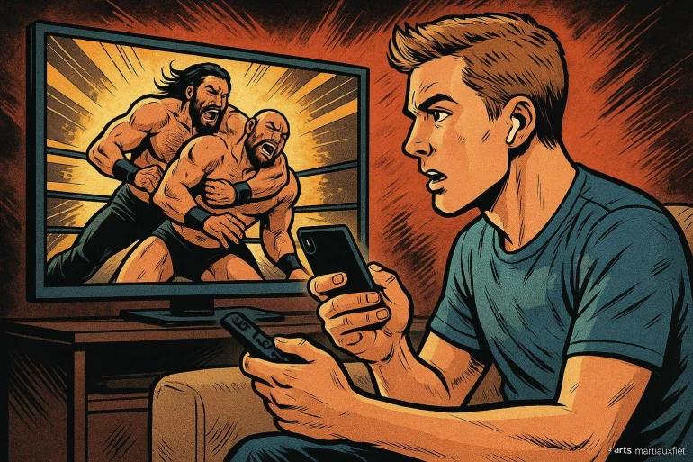 Homme regardant catch sur télé avec smartphone