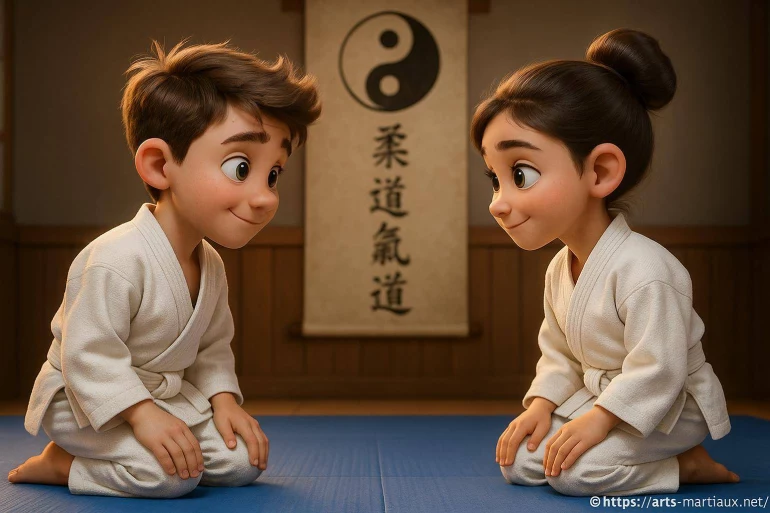 Enfants en kimono judo saluent respect