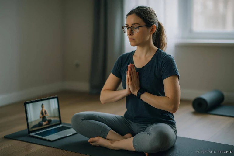 Femme méditant en posture de yoga chez elle