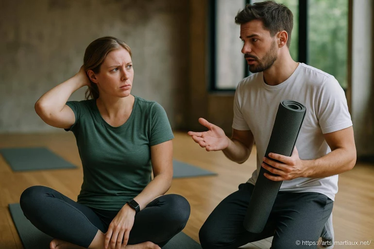 Femme confuse écoutant un homme expliquant yoga