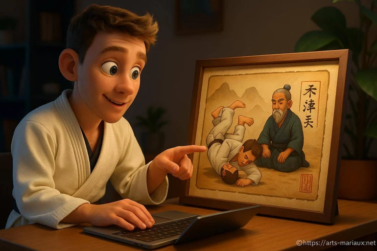 Jeune homme en kimono devant dessin judo