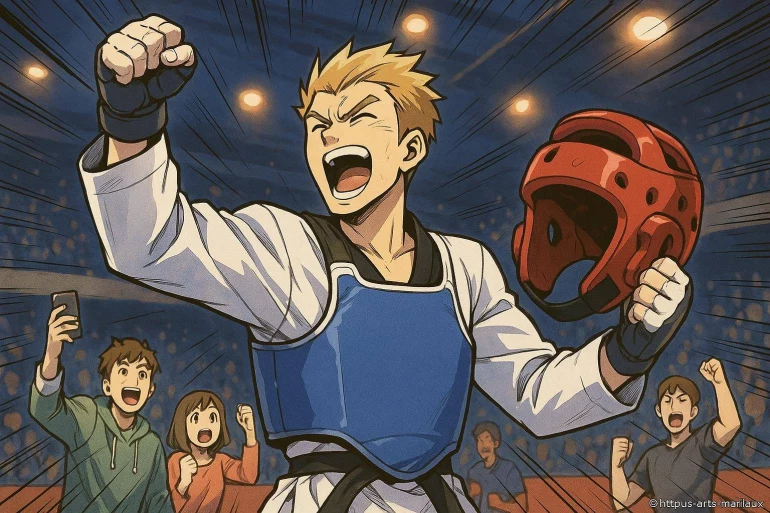 Combattant de taekwondo célébrant une victoire