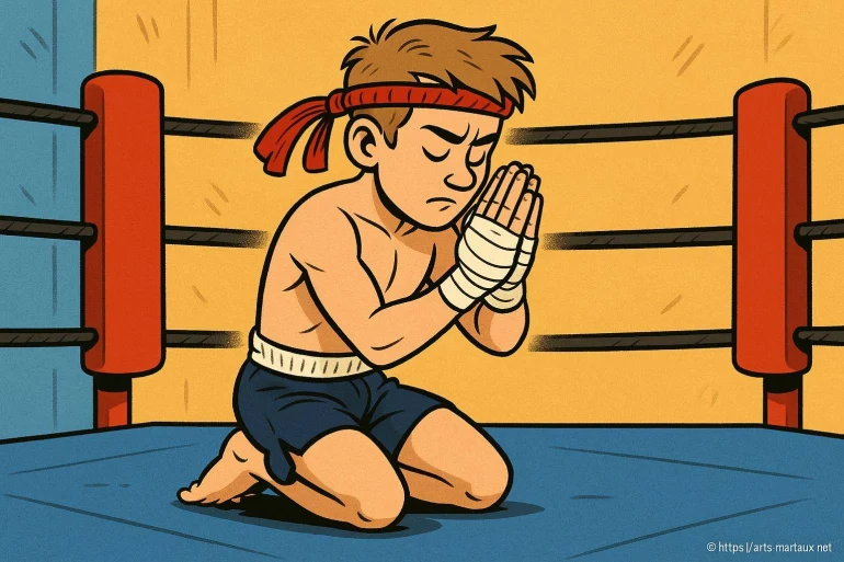 Jeune boxeur agenouillé en prière