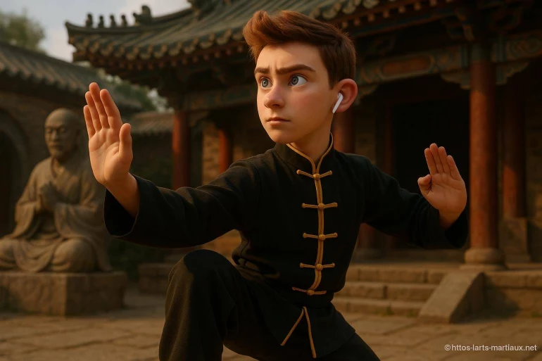 Jeune garçon en tenue de kung-fu en posture
