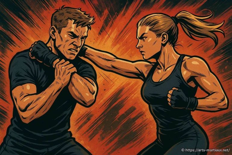 Femme frappant un homme en combat