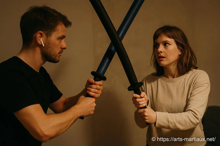 Combat d'entraînement avec épées en mousse