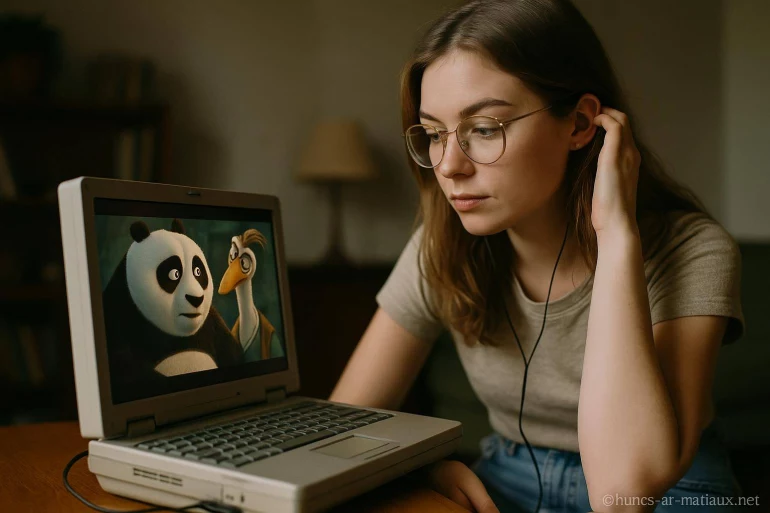 Femme regardant film d'animation sur ordinateur portable