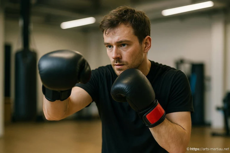 Homme concentré en entraînement de boxe