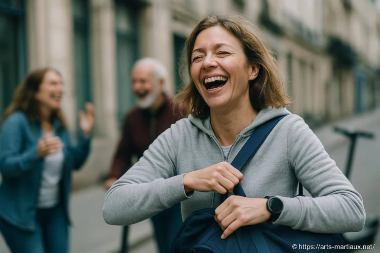 Femme riant avec amis en arrière-plan