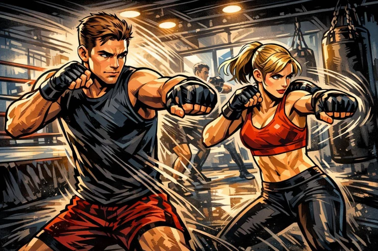 Couple s'entraînant au kickboxing en salle