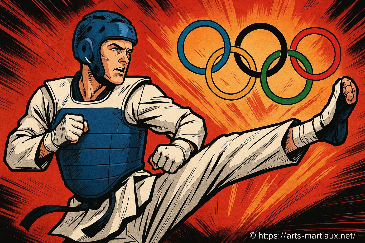 Combattant taekwondo avec anneaux olympiques