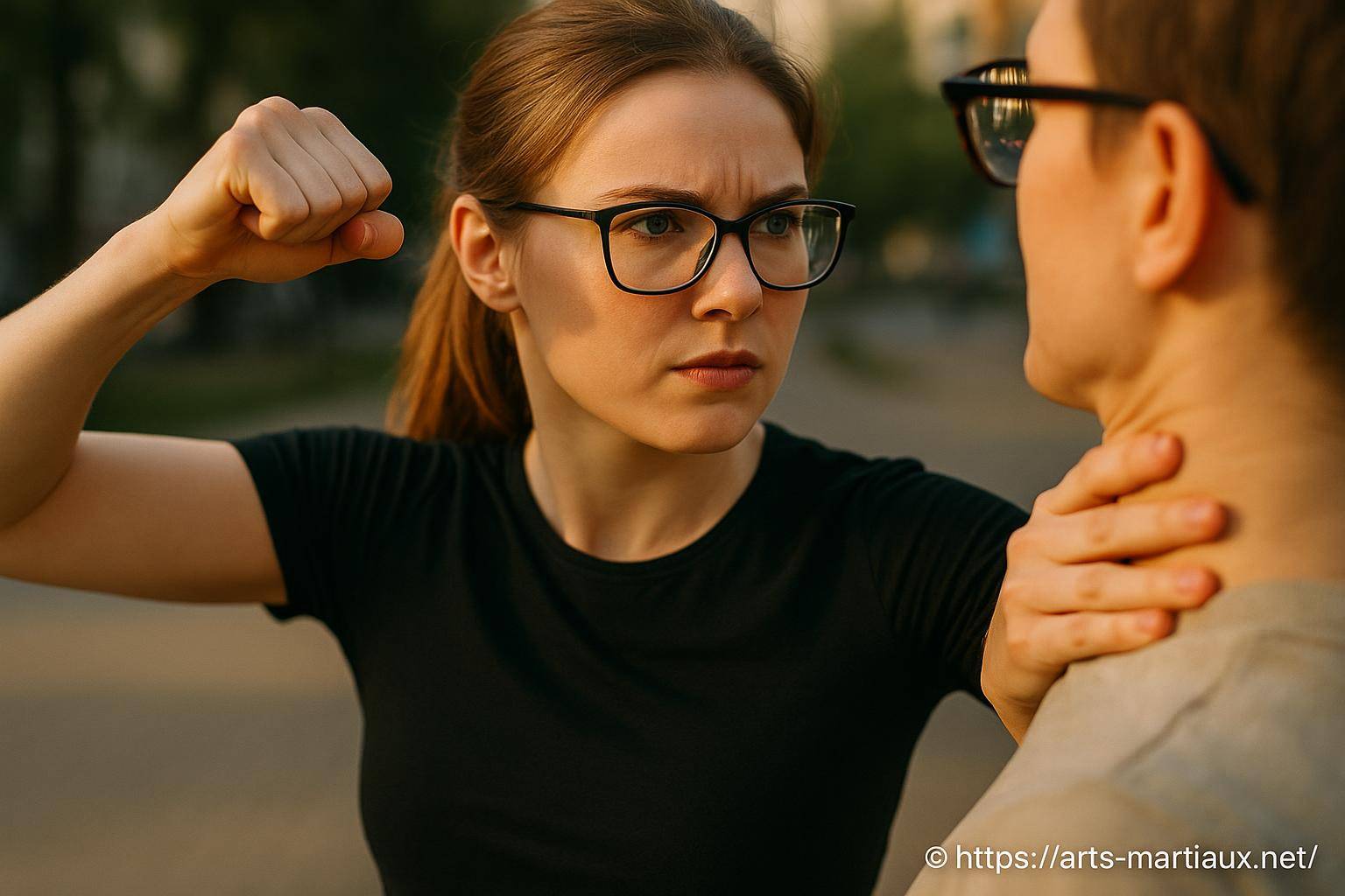 Femme en lunettes en position d'autodéfense