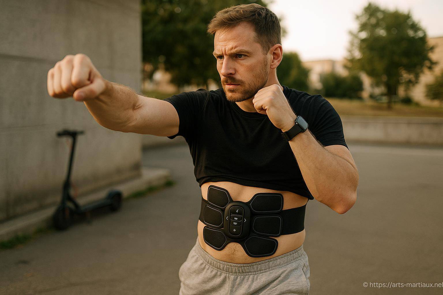 Homme pratiquant boxe avec électrostimulateur abdominal