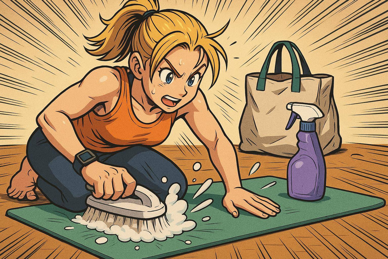 femme qui nettoie un tapis avec énergie