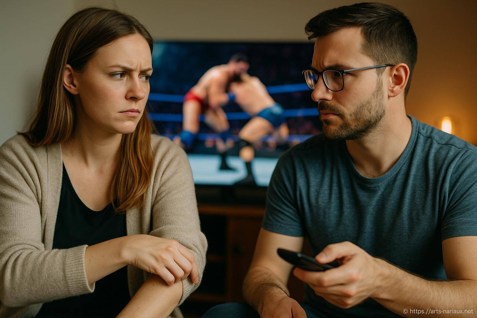 couple en désaccord devant match de lutte télévisé