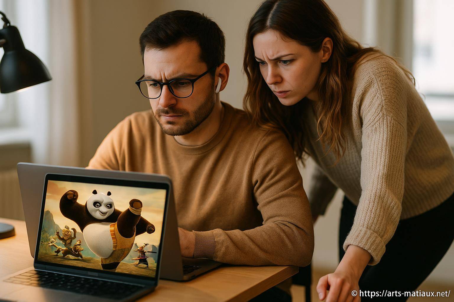 couple concentré regardant un film panda