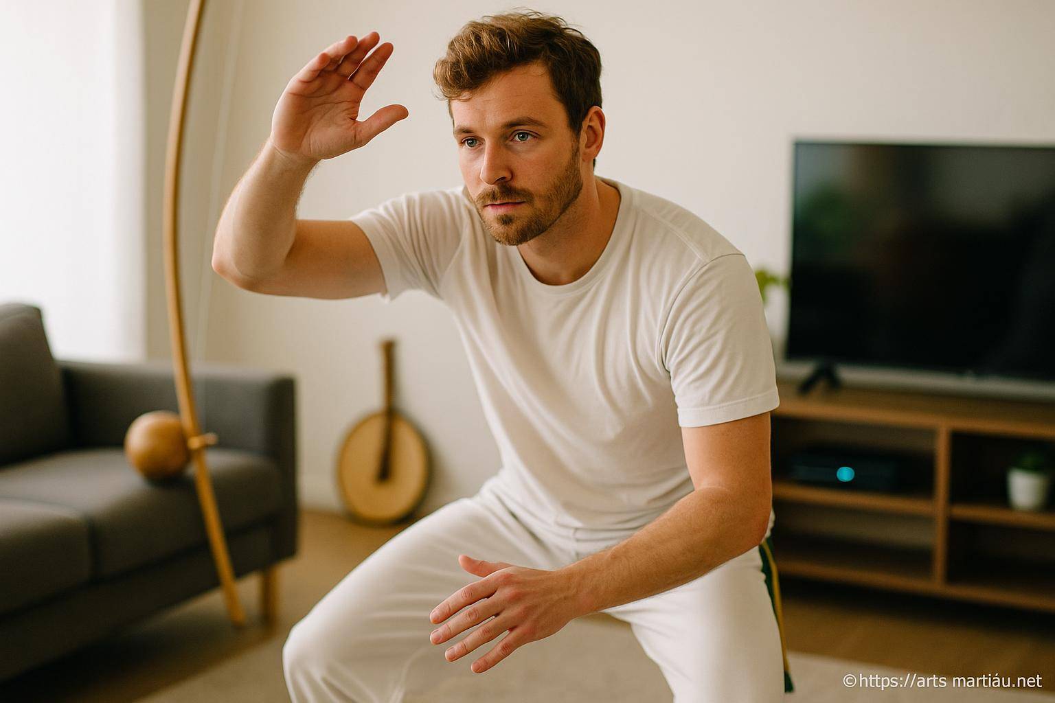 Homme pratiquant la capoeira en intérieur