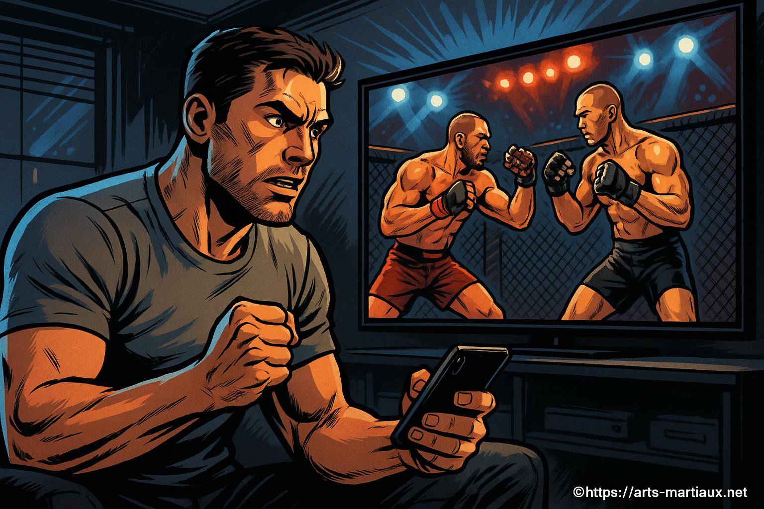 Homme regardant combat de MMA à la télévision