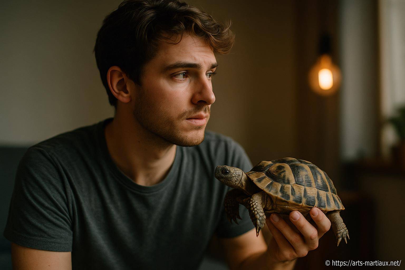 Homme tenant une tortue réfléchissant