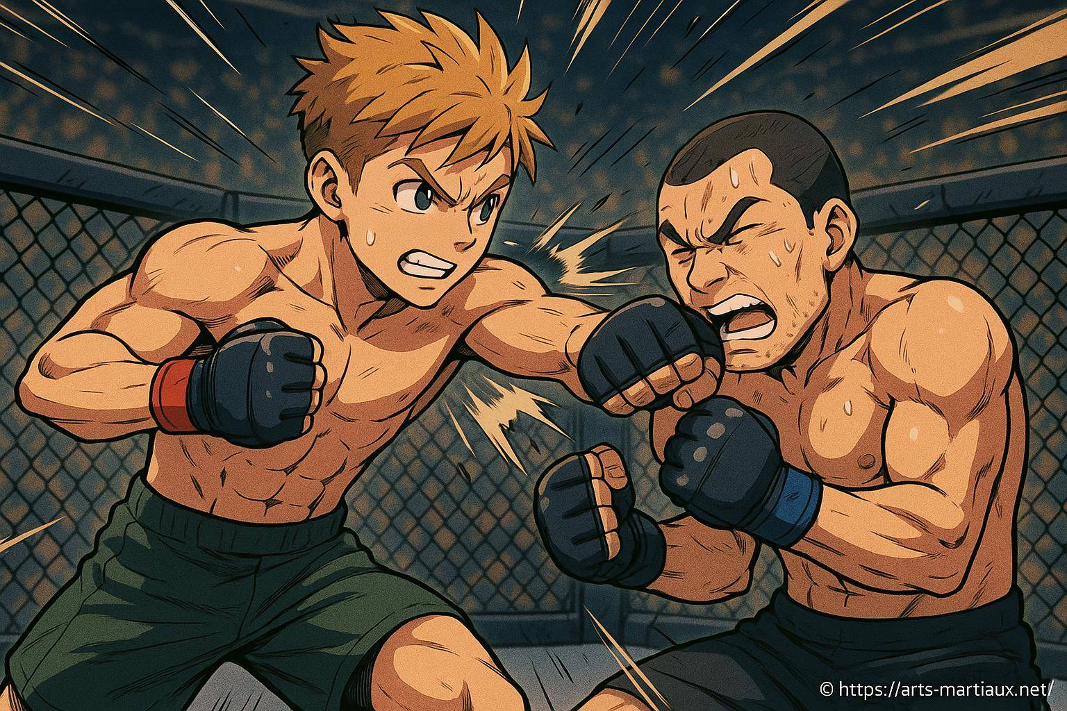 Combat de MMA animé intense dans une cage
