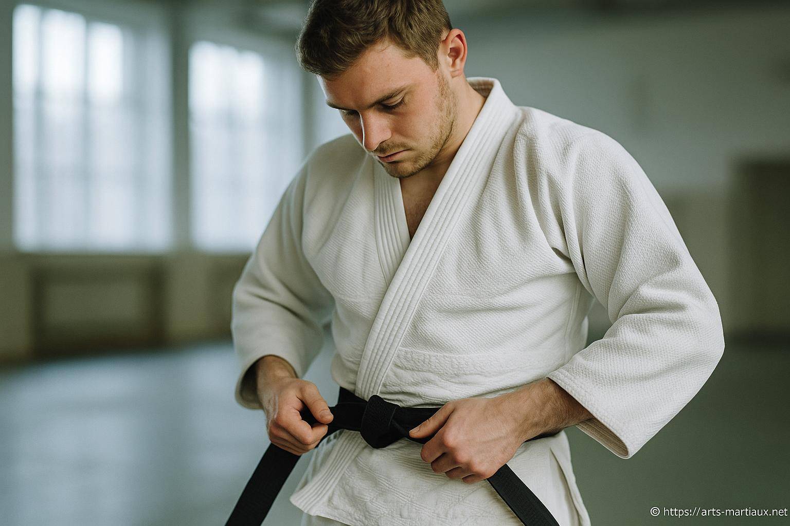 Homme en kimono nouant une ceinture noire