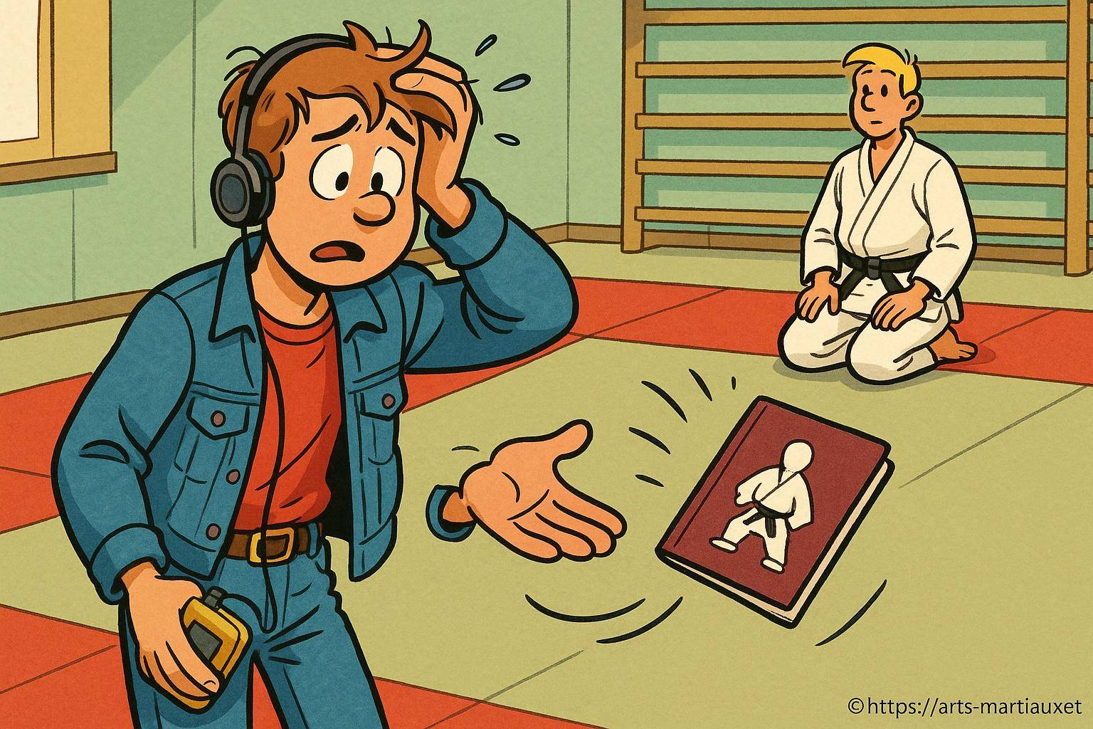 Jeune homme surpris en dojo de karaté