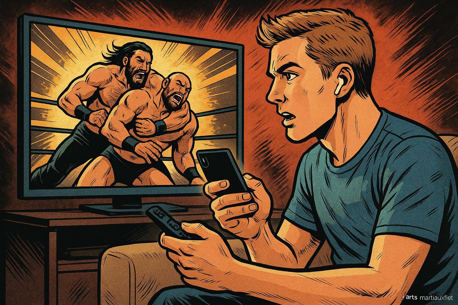 Homme regardant catch sur télé avec smartphone