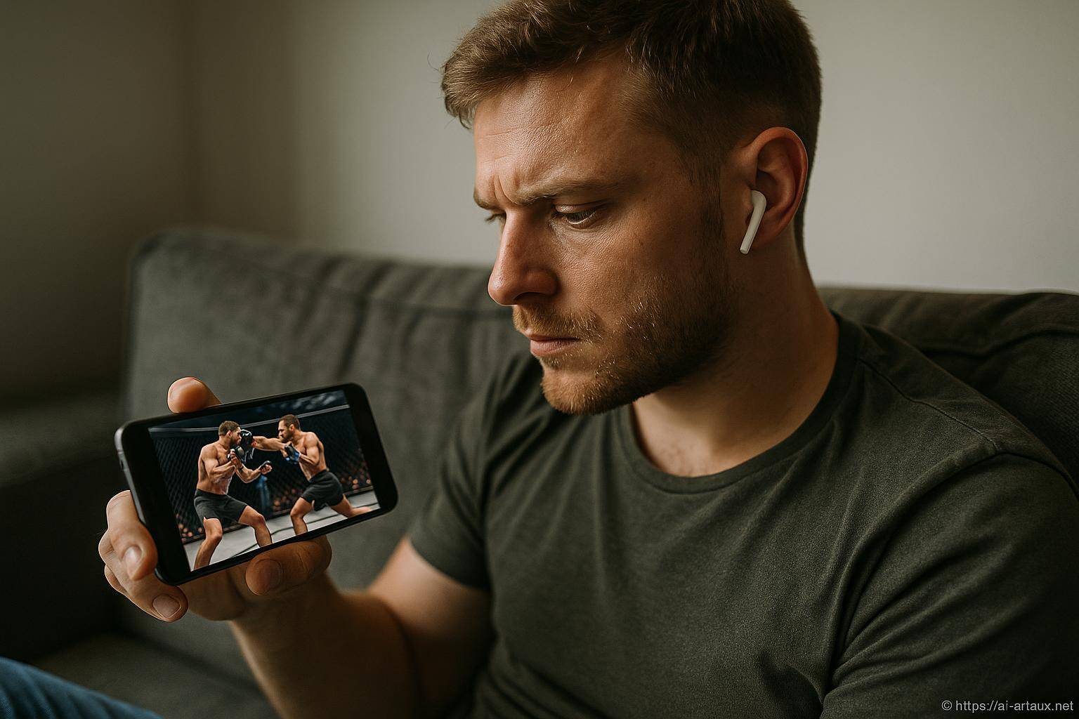 Homme regardant combat de boxe sur smartphone