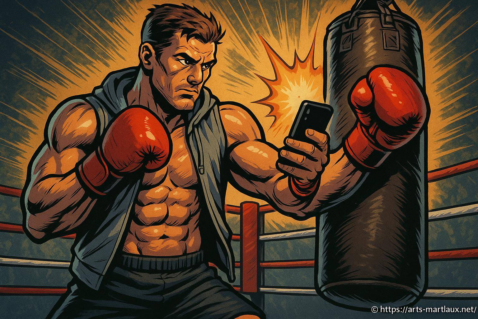 Boxeur musclé utilisant un smartphone