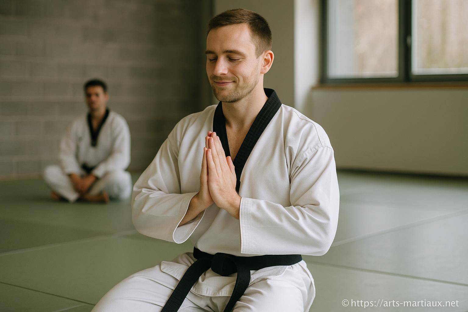 Homme en kimono noir méditant assis