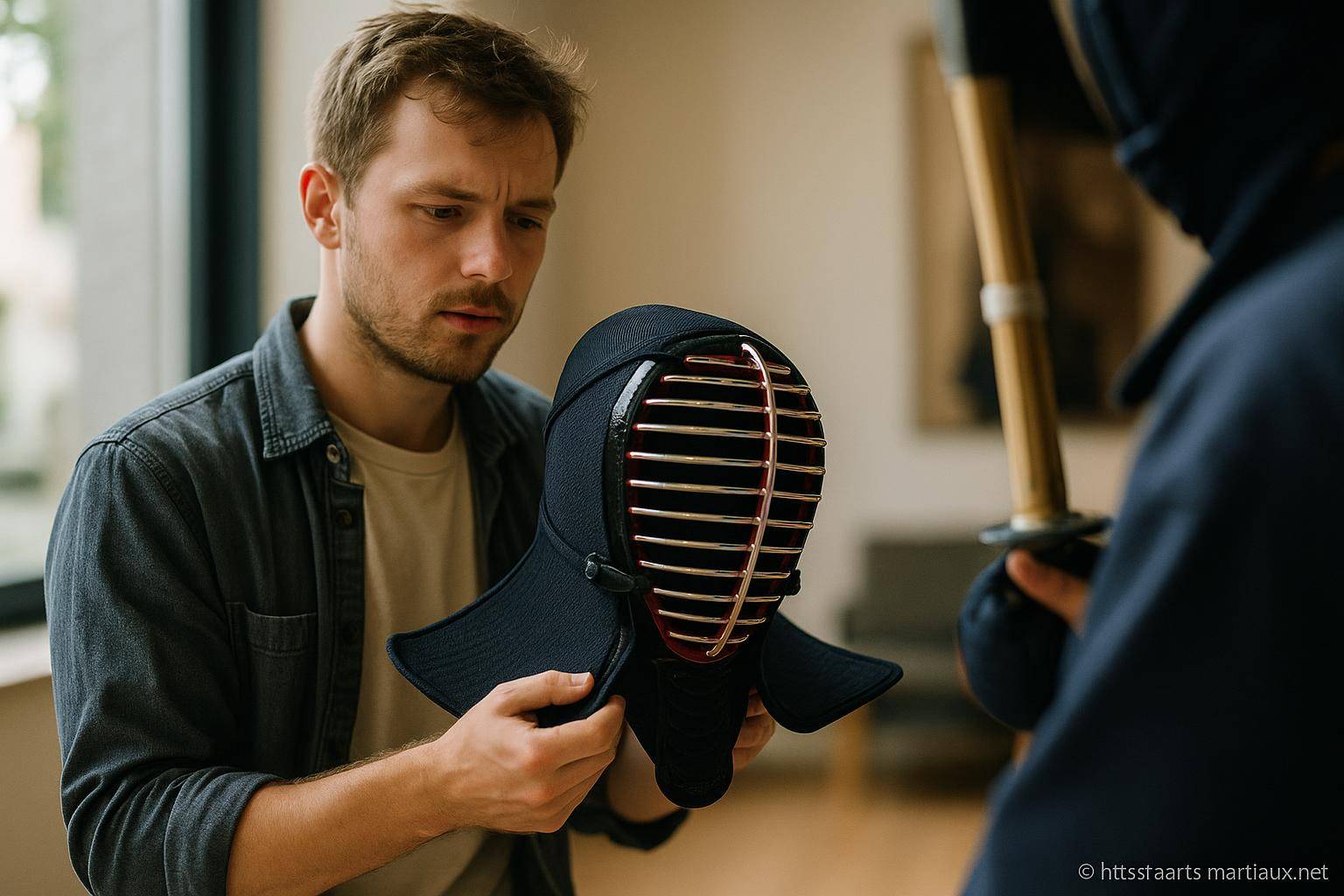 Homme examinant un masque de kendo