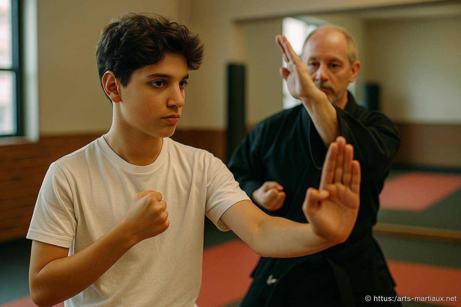 jeune garçon et instructeur en arts martiaux