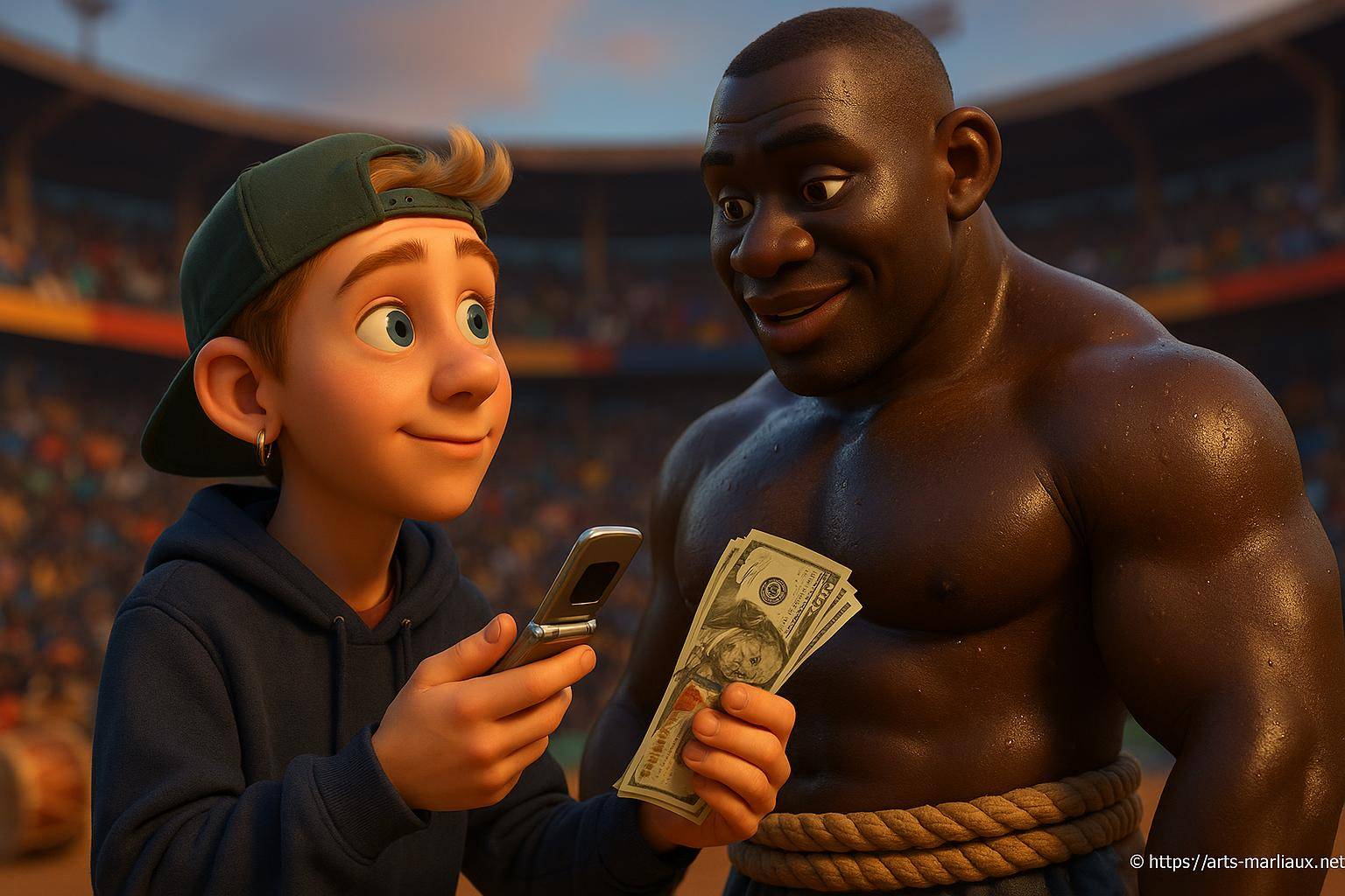 Jeune garçon et lutteur échangeant argent