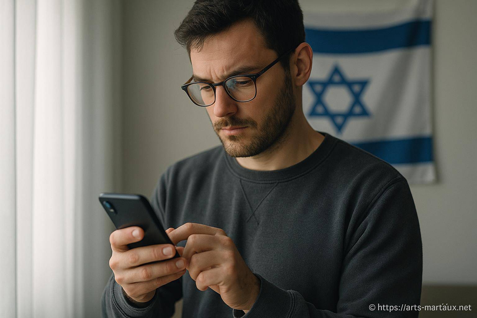 Homme utilisant un smartphone devant drapeau israélien