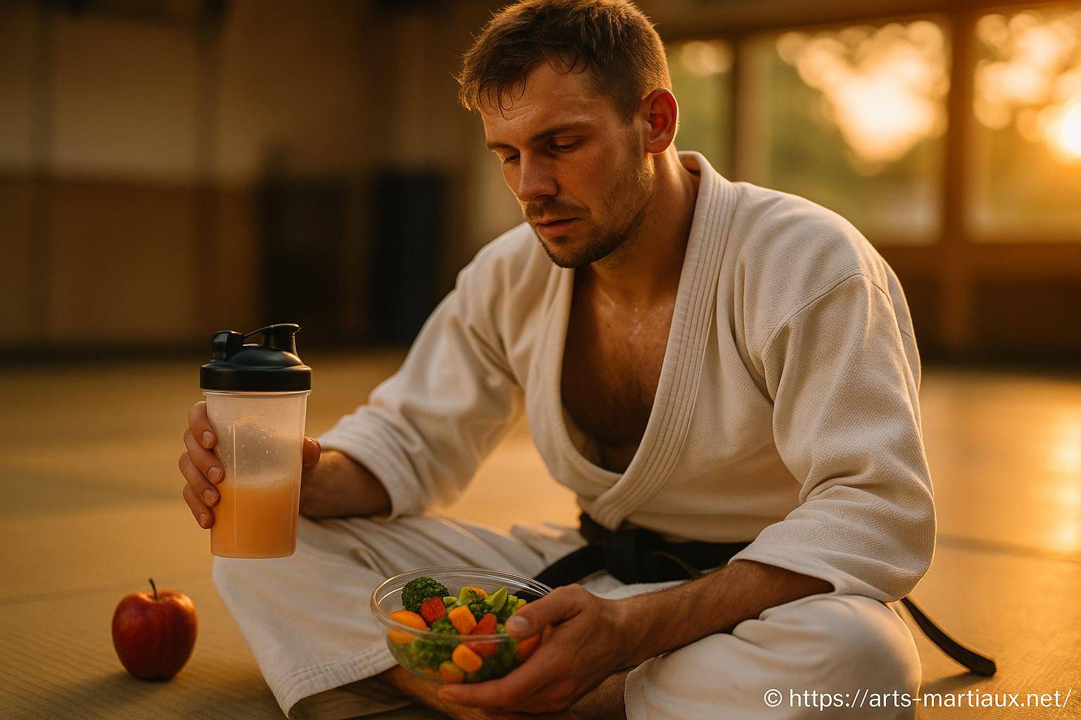 Homme en kimono martial mangeant sainement