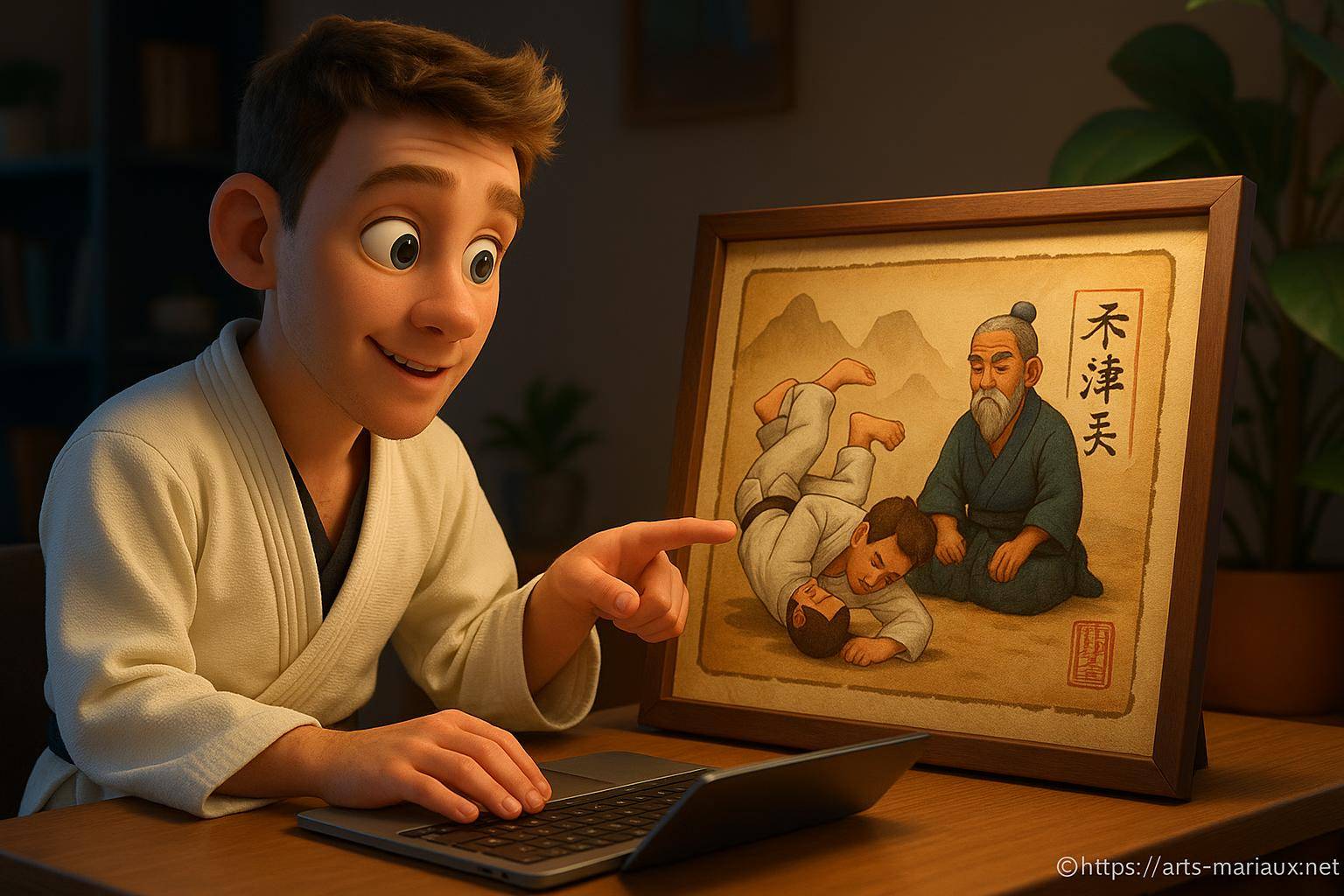 Jeune homme en kimono devant dessin judo