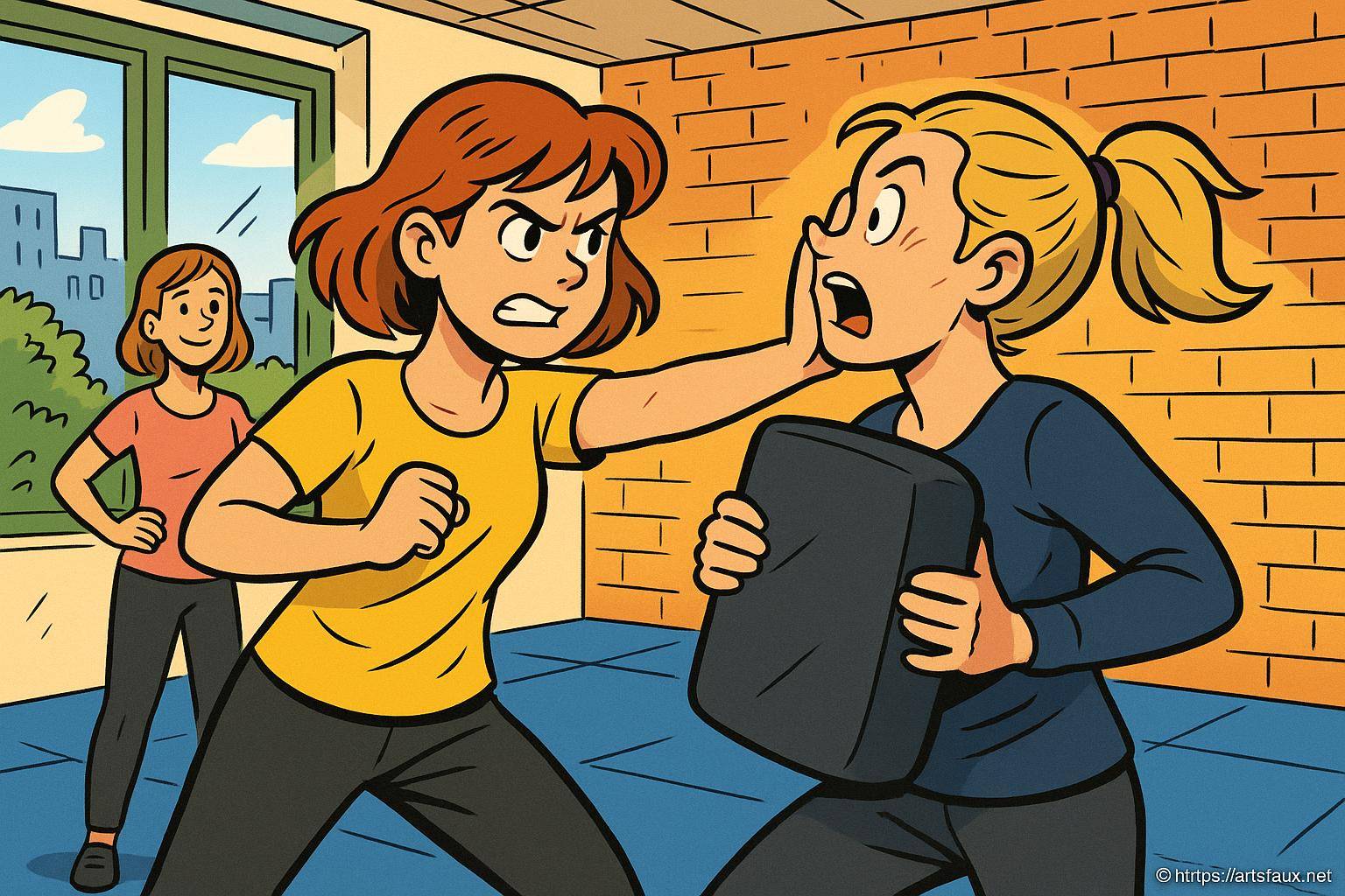 femme pratiquant self defense frappant bouclier