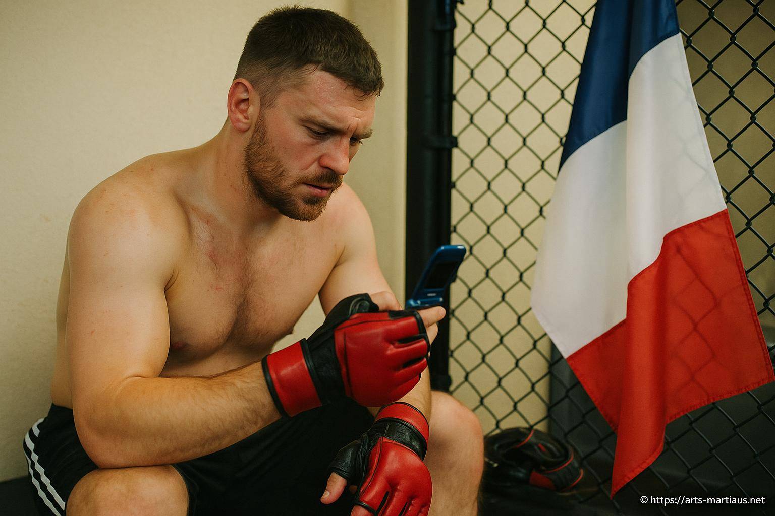 Combattant MMA français concentré sur téléphone